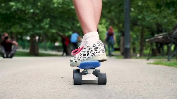 Niña patina cuesta abajo en el parque — Vídeos de Stock