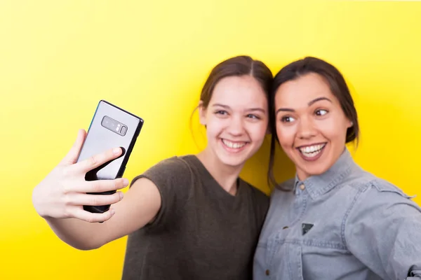 Joyeux rire et sourire sœurs prendre un selfie — Photo