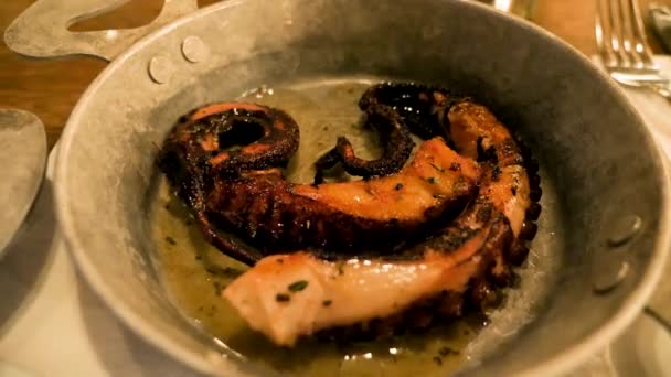 Nahaufnahme von Gourmet köstlichen gebratenen Oktopus — Stockvideo