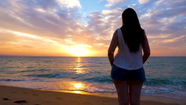 Junge Frau bewundert einen wunderschönen, lebendigen Sonnenaufgang am Strand — Stockvideo