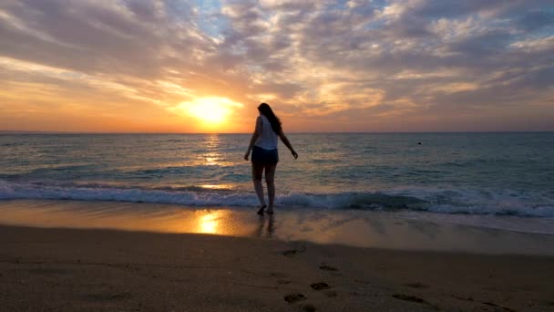 Silhouette einer glücklichen Frau, die im Wasser am Strand spaziert — Stockvideo