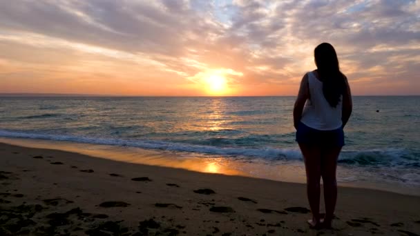 Увеличьте силуэт женщины на пляже, любуясь живописным восходом солнца — стоковое видео