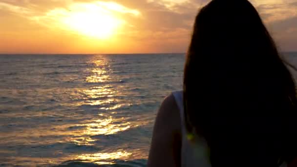 Frau in Silhouette am Strand mit Blick auf einen schönen Sonnenaufgang — Stockvideo