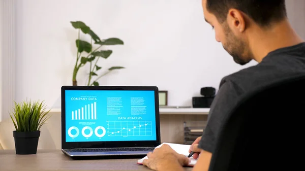 Persona de negocios que trabaja en su computadora portátil mirando los datos del gráfico — Foto de Stock