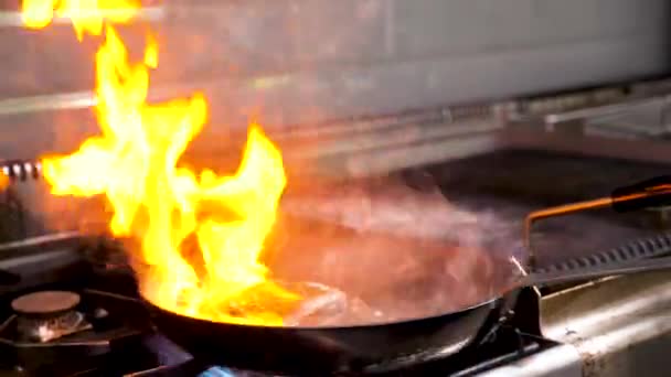 Cocine freír un trozo de carne de pechuga de pato con fuego abierto en una sartén — Vídeos de Stock