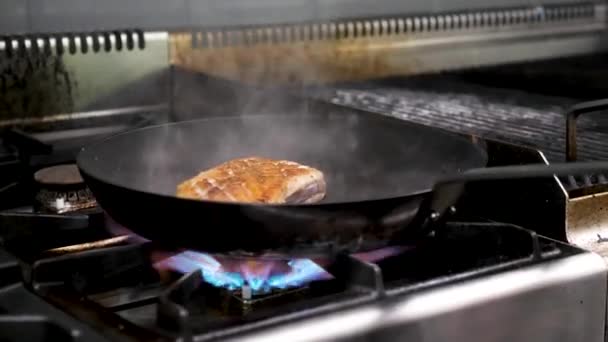 Cucinare un pezzo di carne di petto d'anatra — Video Stock