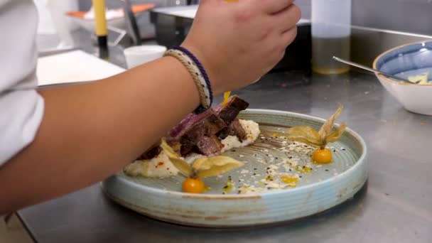 Feche as imagens em câmera lenta do cozinheiro derramando souce sobre a carne grelhada — Vídeo de Stock