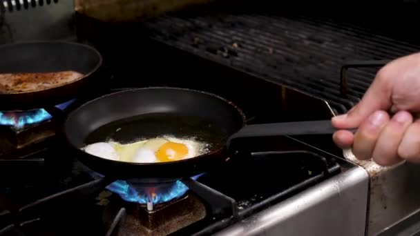 Steka ägg i köket på en stekpanna — Stockvideo