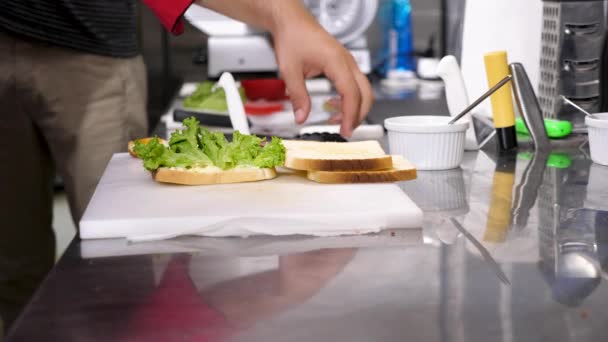 Preparación de un sándwich en cocina restaurante — Vídeos de Stock