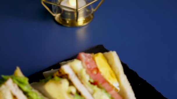 Вид сверху на вкусный сэндвич с фри — стоковое видео
