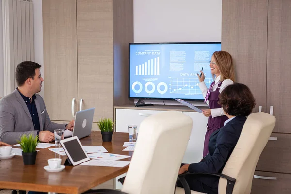 Erfolgreiche Unternehmer und Geschäftsleute im Konferenzraum beim Analysieren von Diagrammen und Diagrammen am Fernseher — Stockfoto