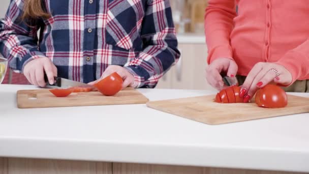 Μητέρα Την Κόρη Του Κοπή Ντομάτες Στην Κουζίνα Κουκλίτσα Ρυθμιστικό — Αρχείο Βίντεο