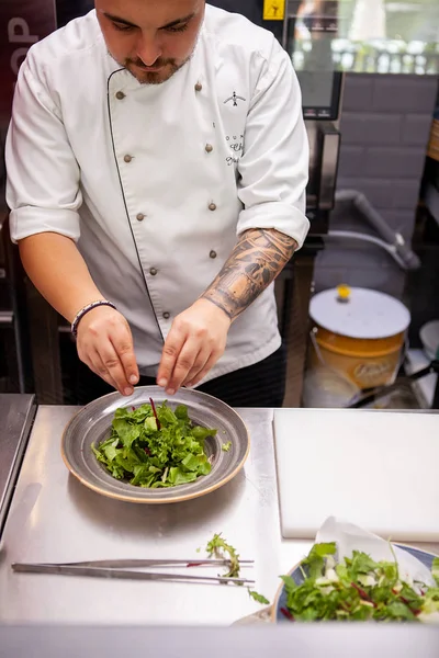 Chef Fazendo deliciosa salada — Fotografia de Stock