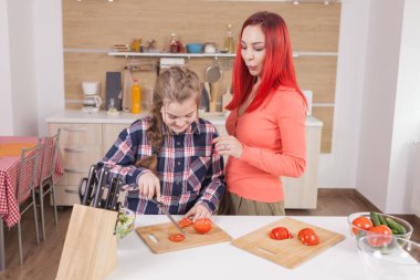 Güzel anne ve kızı için lezzetli salata domates Dilimleme.