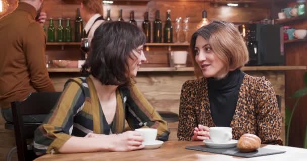 Hermosas mujeres jóvenes chismes en una cafetería — Vídeo de stock