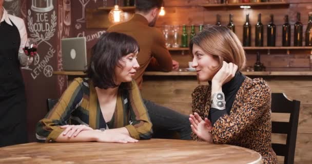 Bästa vänner dricker vin i ett mysigt café — Stockvideo