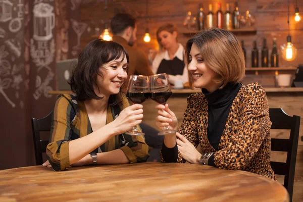 Schwester trinkt ein Glas Rotwein und lächelt einander zu — Stockfoto