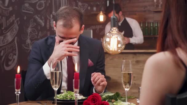 Young man being shy and emotional during a date — Stock Video