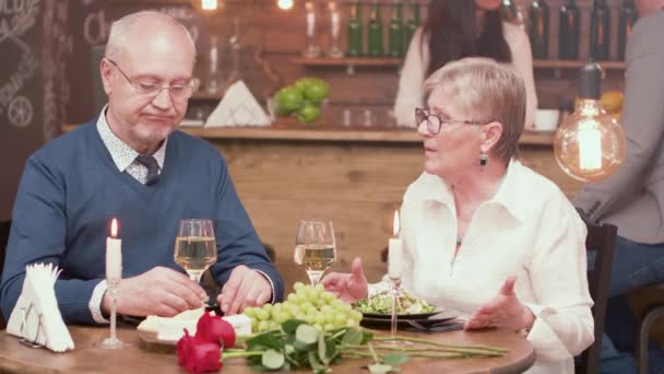 Casal sênior em um encontro romântico ter uma conversa — Vídeo de Stock
