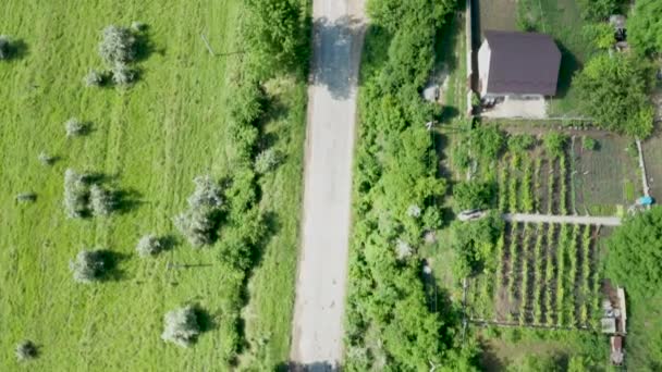 Vista aérea de cima para baixo da estrada rural e casas — Vídeo de Stock