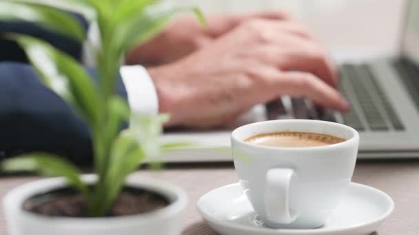 Кофейная чашка перед руками бизнесмена, печатающего — стоковое видео
