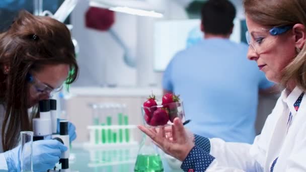 Cientista feminina olha para um lote com amostras de frutas — Vídeo de Stock