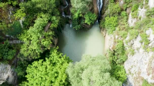 Top down view of waterfall in the mountains — Stock Video