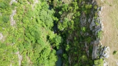 Hava drone üst aşağı bir nehir ve şelaleler ile Kanyon görüntüleri