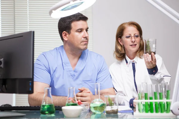 Ricercatrice che guarda un campione di terreno con la sua assistente nel loro laboratorio di ricerca agro-culturale — Foto Stock