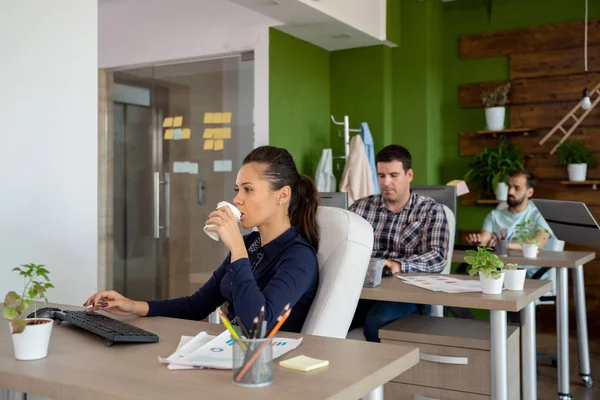 Vackra kaukasiska arbetare smuttar kaffe medan du arbetar — Stockfoto