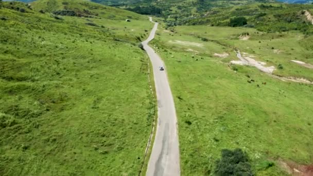 Drone siguiendo un coche en un paisaje rural — Vídeos de Stock