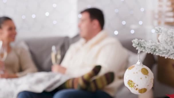 Házaspár iszik pezsgőt ül a kanapén karácsonyi díszített szoba — Stock videók