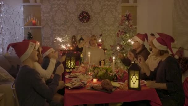 Alegre gran familia en la reunión de Navidad celebrando con bengalas en las manos — Vídeos de Stock