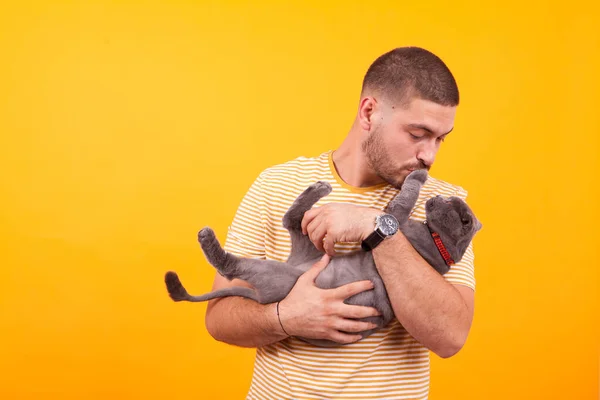 Attraente giovane uomo che tiene tra le braccia adorabile gatto — Foto Stock