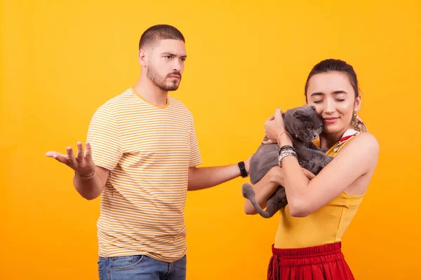 Gelous novio en su gato para robar el afecto de su novia — Foto de Stock