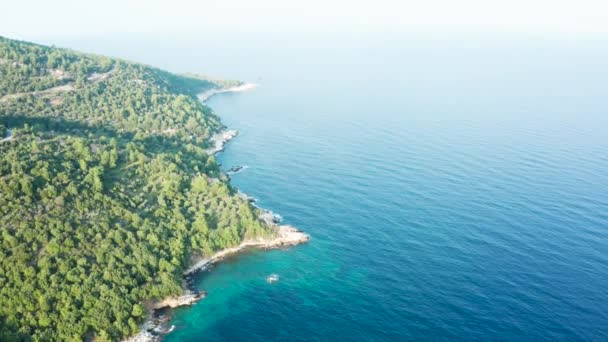 Drone volando sobre las olas del mar estrellándose en la línea costera — Vídeo de stock