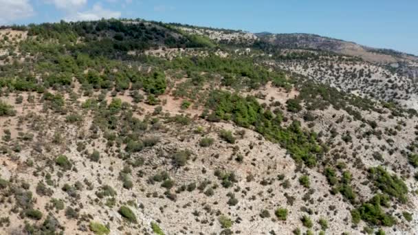 Drone che sorvola montagne rocciose con macchie di alberi verdi — Video Stock