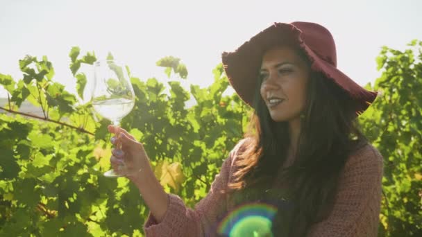 Женщина смотрит на стакан белого вина в теплом солнечном свете — стоковое видео