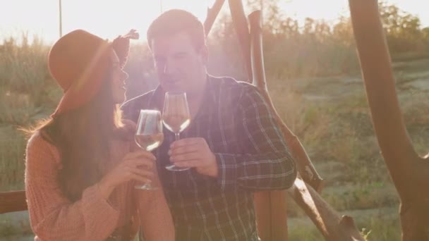 Пара звон бокалов вина в теплых лучах заката — стоковое видео