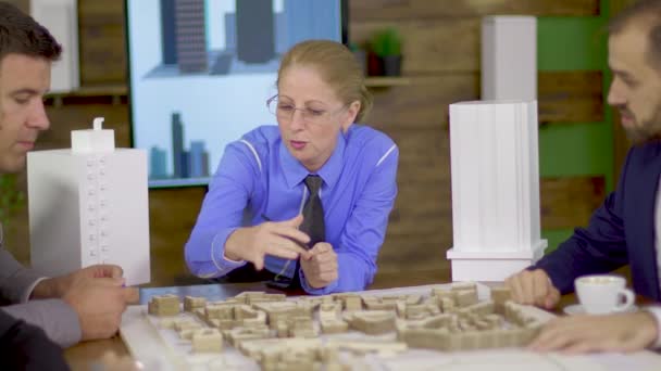 Une femme architecte principale discute avec sa jeune équipe — Video