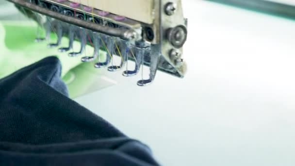 Close up sewing line a modern fabric factory — Stock Video