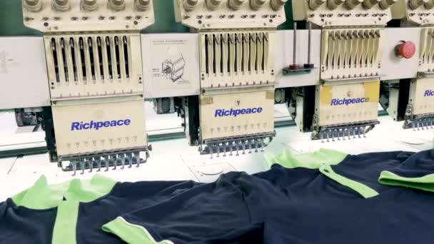 T-shirts prepared on a sewing line in a fabric factory — Stock Video