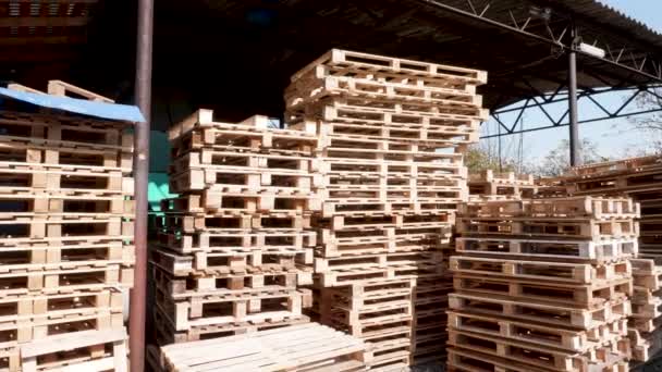 Warehouse with stacked wooden pallets ready for distribution — Stock Video