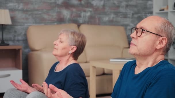 Ouderpaar doet ademhalingsoefening — Stockvideo
