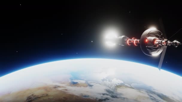 Космический корабль, плавающий вокруг Земли — стоковое видео