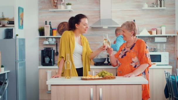 Mother and daughter clinking glasses of wine — Stock Video