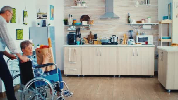 Pchanie niepełnosprawnej starszej kobiety — Wideo stockowe