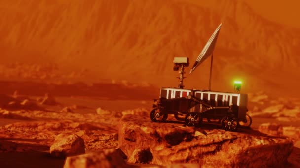 Marte rover robotico sulla superficie del luogo rosso in cerca di segnale — Video Stock