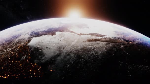 Gyönyörű reális napfelkelte a Föld felett a világűrből — Stock videók