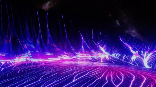Река неоновая плазма в ретро-футуристической космической планете — стоковое видео